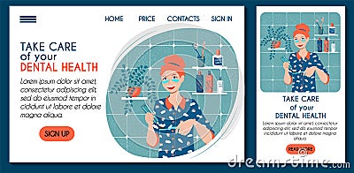 Web site mobile app for dental clinic template. Dental health daily routine. Young woman brushes her teeth with a herbal Vector Illustration