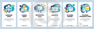 Web site onboarding screens. Cyber security and hacker attack. Email virus and stealing of personal data. Menu vector Vector Illustration