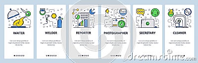 Web site onboarding screens. Different jobs and professions. Menu vector banner template for website and mobile app Vector Illustration