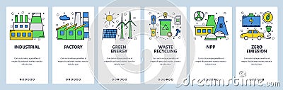 Web site onboarding screens. Green and renewable energy. Power station and zero emission. Menu vector banner template Vector Illustration