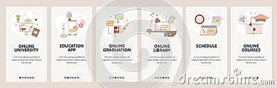 Web site onboarding screens. Online education, e-learning and digital library. Internet courses and tutorials. Menu Vector Illustration