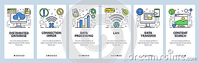Web site onboarding screens. Online services, distributed database, cloud storage, wireless networks and data transfer Vector Illustration