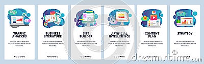 Web site onboarding screens. Traffic analysis, AI, business development and website coding. Menu vector banner template Vector Illustration