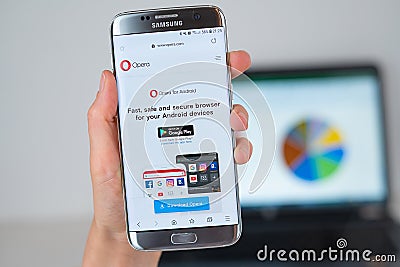 Web site of Opera browser on phone screen Editorial Stock Photo