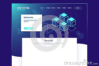 Web site page template, abstract digital technology element, server room, data center database isometric neon vector Vector Illustration