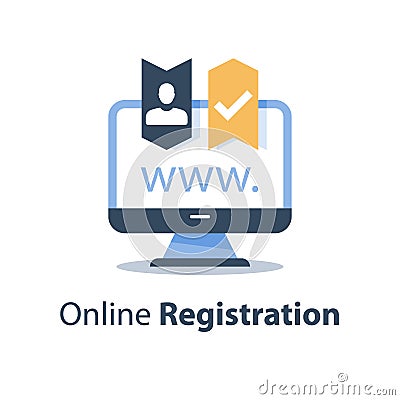 Online resources, web site registration, enrollment concept, computer monitor, account register, internet access Vector Illustration