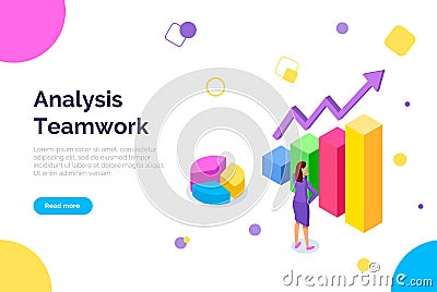 Web site on topic of teamwork analysis. Girl while working with statistical graph and data Vector Illustration