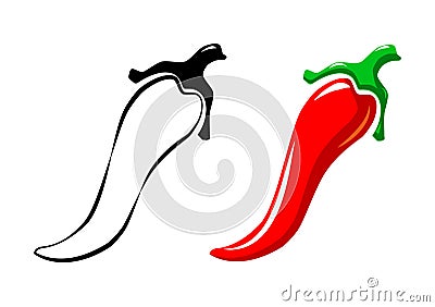 Spicy chili hot pepper icons. Vector Asian and Mexican spicy food and sauce, red and black outline chili peppers for your web site Vector Illustration