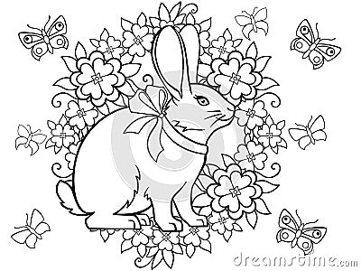 Spring came. Easter card. Picture for coloring. Easter bunny, wreath, flowers and butterflies. Vector Illustration