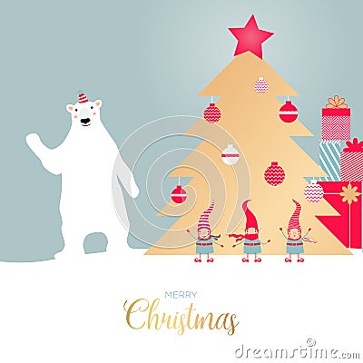 Stock vector illustration with a polar bear and 3 christmas elves waving hands saying hello Vector Illustration