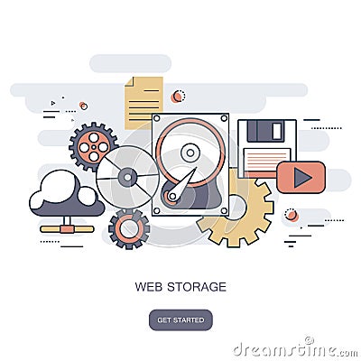 Web storage concept. Cloud computing concept. Work desk with computer technology, cell phones and tablets. Flat vector illustratio Vector Illustration