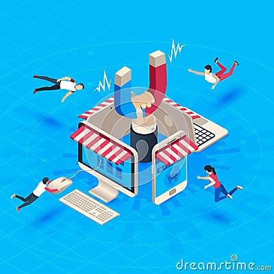 Web store customer attraction. Attract buyers, isometric retain loyal clients and social media business marketing vector Vector Illustration