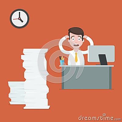 Stressed businessman at the desk has a lot of work. Hard office work flat vector illustration. Cartoon office employee character Vector Illustration