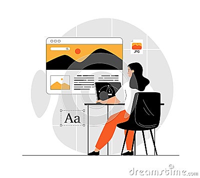 Web studio concept. Woman work on website landing page, ui ux design and programming. Illustration with people Vector Illustration