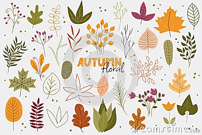 Stylish floral autumn stickers set. Vector Illustration