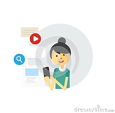 Web surfing. Girl with a phone Vector Illustration