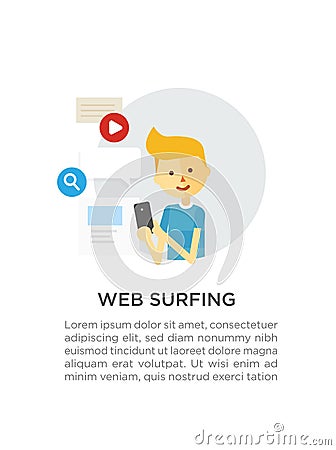 Web surfing. Guy with a phone Vector Illustration