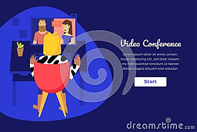 Web template dark mode design. Home working woman making video conference. Vector Illustration