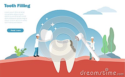 Dentists drilling decay tooth and filling to patient dent. Tooth filling and dental treatment concept. Vector Illustration