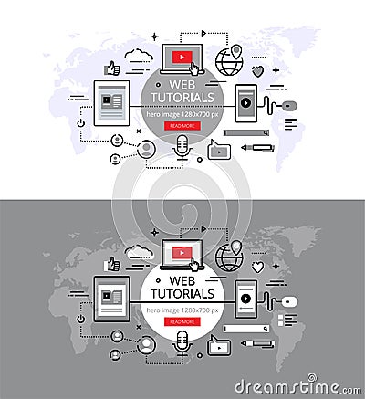 Web tutorials. Flat line color hero images and hero banners design concept Cartoon Illustration