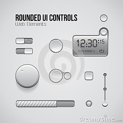 Web UI Controls Design Elements: Buttons, Switchers, On, Off, Player, Audio, Video: Play, Stop, Pause, Volume, Equalizer, Knobs Vector Illustration