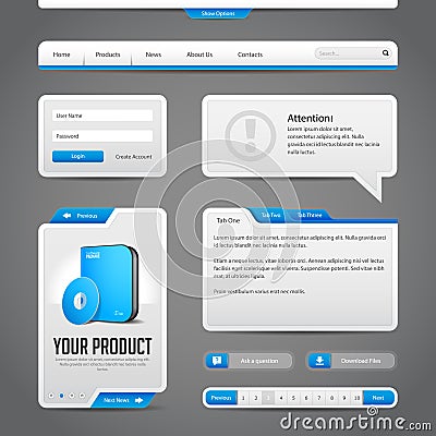 Web UI Controls Elements Gray And Blue On Dark Background Vector Illustration