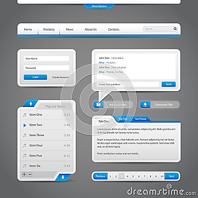 Web UI Controls Elements Gray And Blue On Dark Background Vector Illustration