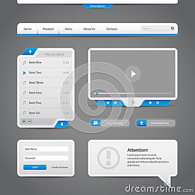 Web UI Controls Elements Gray And Blue On Dark Background Vector Illustration