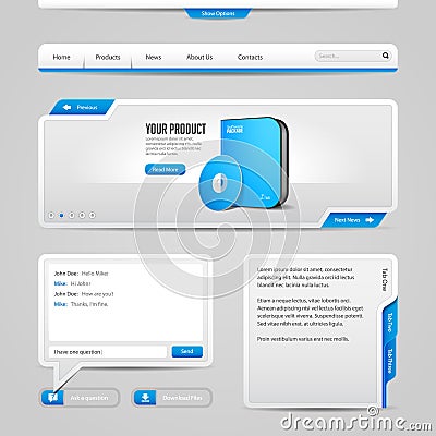 Web UI Controls Elements Gray And Blue On Gray Background : Navigation Bar, Buttons, Slider, Message Box, Pagination Vector Illustration