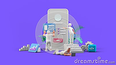 Web UI UX app Design Teamwork concept 3D illustration. Team People Building Creating Application User interface Front view Cartoon Illustration