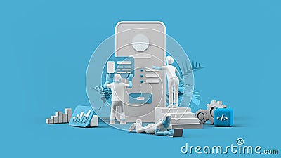 Web UI UX app Design Teamwork concept 3D illustration. Team People Building Creating Application User interface Front view Cartoon Illustration
