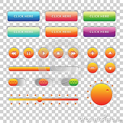 Web UI UX Music Elements Design set: Buttons, Switchers, Slider, loader Vector Illustration