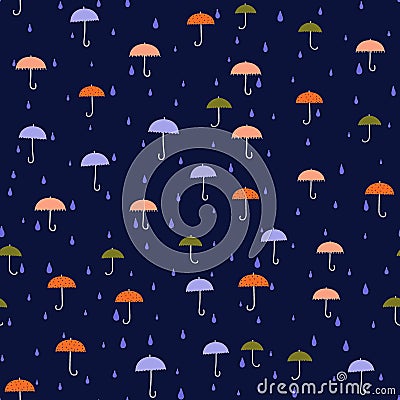 Umbrellas - seamless pattern. Small colorful umbrellas, raindrops. Vector Illustration