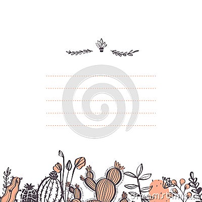 Vector abstract card design template with cactus, branches, floral elements bottom frame and text place isolated on white backgrou Vector Illustration
