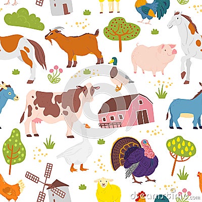 Vector flat seamless pattern with hand drawn farm domestic animals, trees, birds, house isolated on white background. Vector Illustration