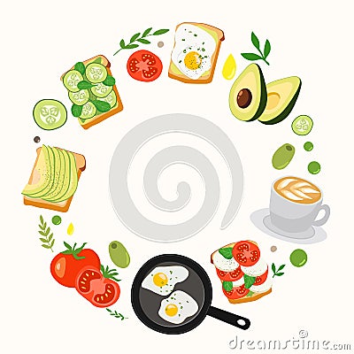 Vector illustration with breakfast ideas, avocado toast, fried egg, coffee and vegetables in the form of circle Vector Illustration