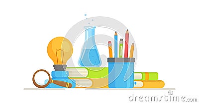 Vector illustration of instruments for chemistry, physics and other sciences. Practical work in school lessons in chemistry and ph Vector Illustration
