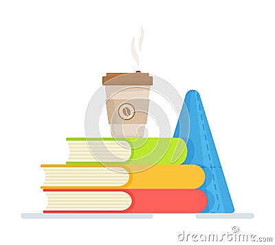 Vector illustration of school book concept with coffee and cone. Reading, education, and knowledge. E-book, literature, encycloped Vector Illustration