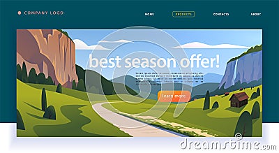 Vector landing page design template with beautiful flat canyon mountains village, road trip landscape illustration. Vector Illustration