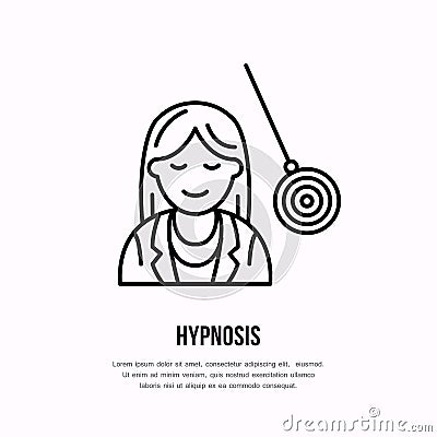 Vector line icon of happy woman on hypnotherapy. Hypnosis sign, psychology linear logo. Outline symbol of smiling girl with Vector Illustration