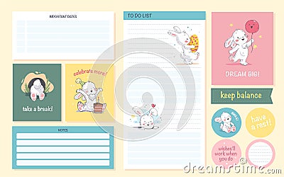 Vector set of daily calendar planner page, card, stickers design template for children. Vector Illustration