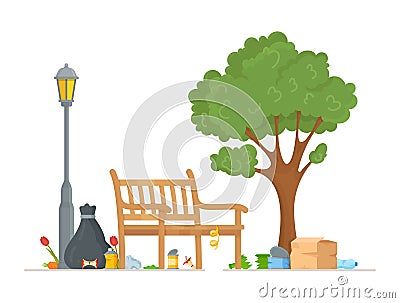 Vector illustration of a park bench standing near a tree. Spending the weekend with benefit. Vector Illustration