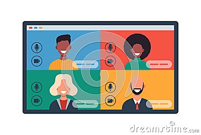 Web windows with different people chatting by videoconference on tablet. Smiling men and women work and communicate remotely. Team Vector Illustration