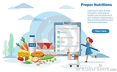 Woman checking list of the 5 food groups, carbohydrates, protein, fiber, fruits and mineral and fat in shopping cart. Vector Illustration