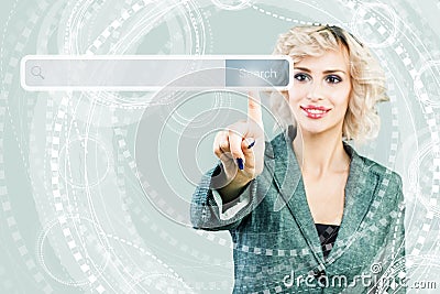 Web and www concept. Business woman with empty address bar with search icon in virtual web browser on blue high tech background Stock Photo