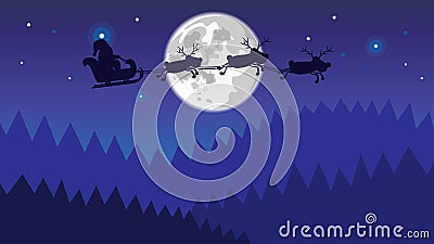 Xmas rein deers and santa flies over the night forest Stock Photo