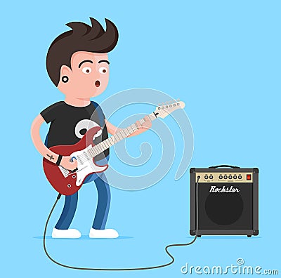 Young man character singing and playing the electric guitar. Punk rock star with guitar and amplifier. Vector illustration Vector Illustration
