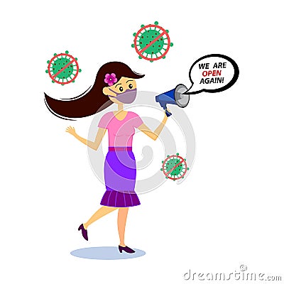 Young woman cartoon character with face mask is informing: We are open again! Business reopening after corona virus pandemic. Vector Illustration