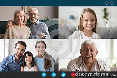 Webcam laptop screen view multigenerational family involved in videocall communication Stock Photo