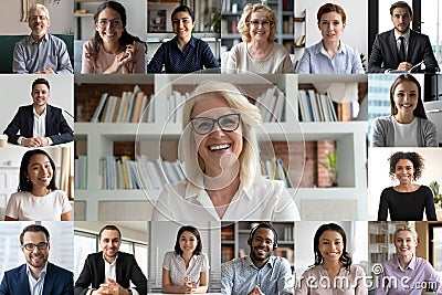 Webcam view people engaged in videoconference lead by mature businesswoman Stock Photo